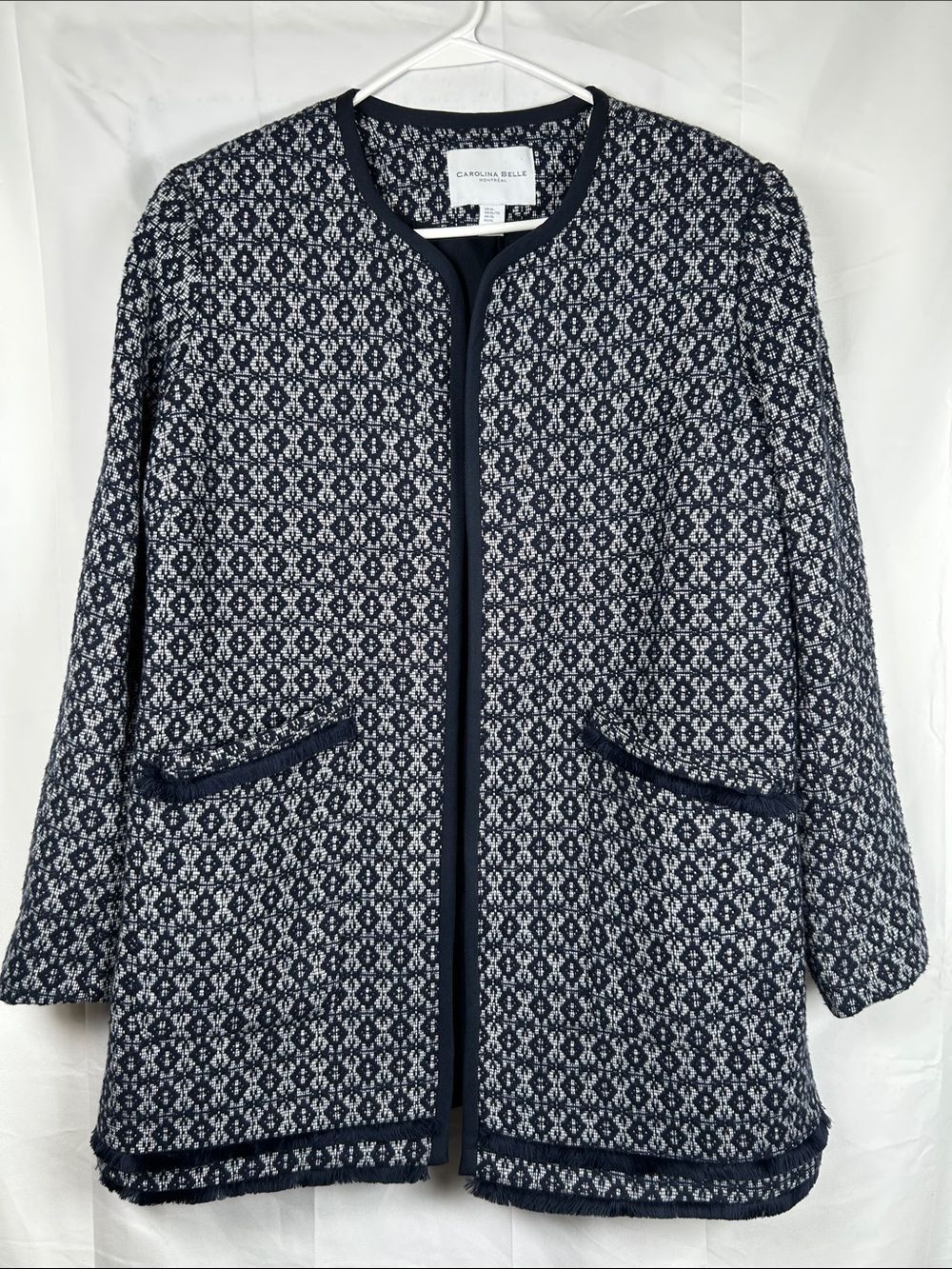 Carolina Belle Montreal Fringe Cardigan Jacket Women’s XL Blue White Sweater